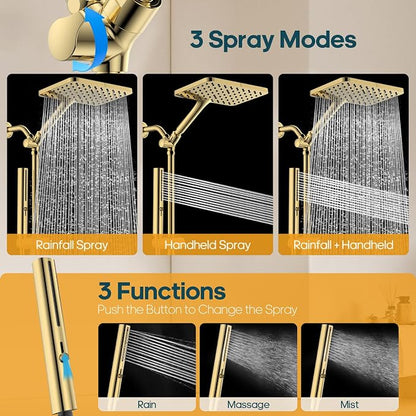 High Pressure Rain Shower Head with Handheld Combo, 10 Inch Square Rainfall Showerhead, Adjustable Slide Bar Dual Shower System, 3 Spray Modes, 59" Stainless Steel Hose, Gold