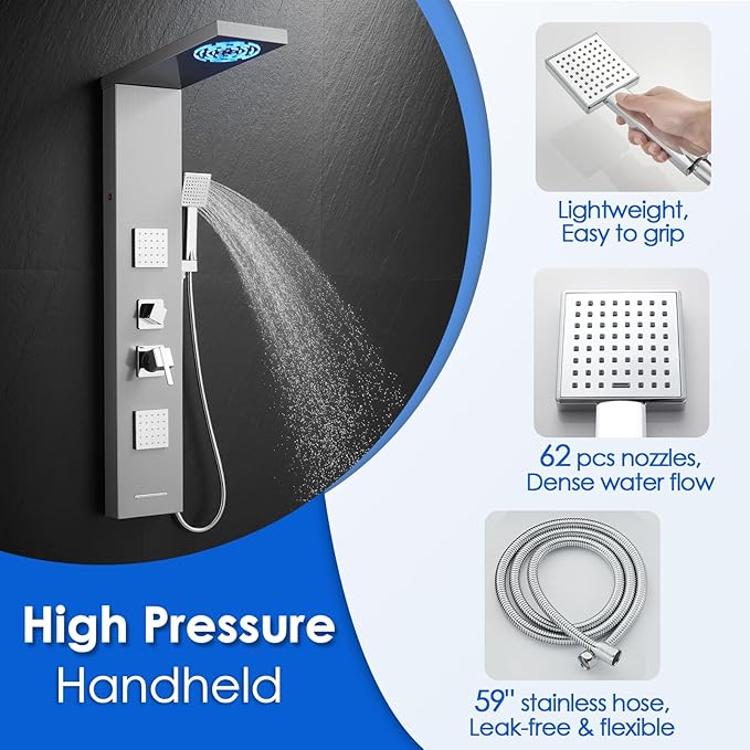 ROVOGO Shower Panel Tower System with Led Lights, 2-Setting Shower Head, Body Jets, Handheld and Tub Spout, Stainless Steel Shower Column with Mixer Valve, 46.5", Brushed