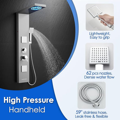 ROVOGO Shower Panel Tower System with Led Lights, 2-Setting Shower Head, Body Jets, Handheld and Tub Spout, Stainless Steel Shower Column with Mixer Valve, 46.5", Brushed