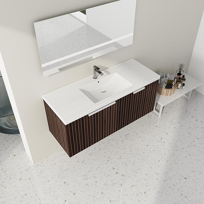 SSLine Wall Mounted Bathroom Vanity with Sink Combo Modern 48-Inch Single Bathroom Vanity Set with Top Basin &Storage Cabinet Wood Hanging Bath Cabinet w/Resin Sink(Dark Brown Stripe)