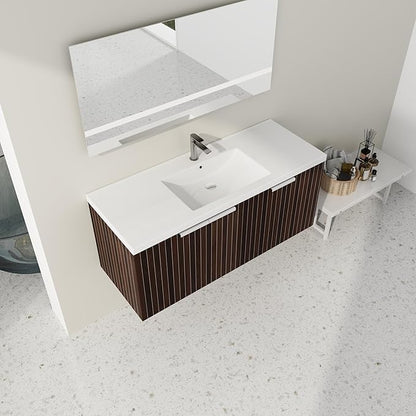 SSLine Wall Mounted Bathroom Vanity with Sink Combo Modern 48-Inch Single Bathroom Vanity Set with Top Basin &Storage Cabinet Wood Hanging Bath Cabinet w/Resin Sink(Dark Brown Stripe)