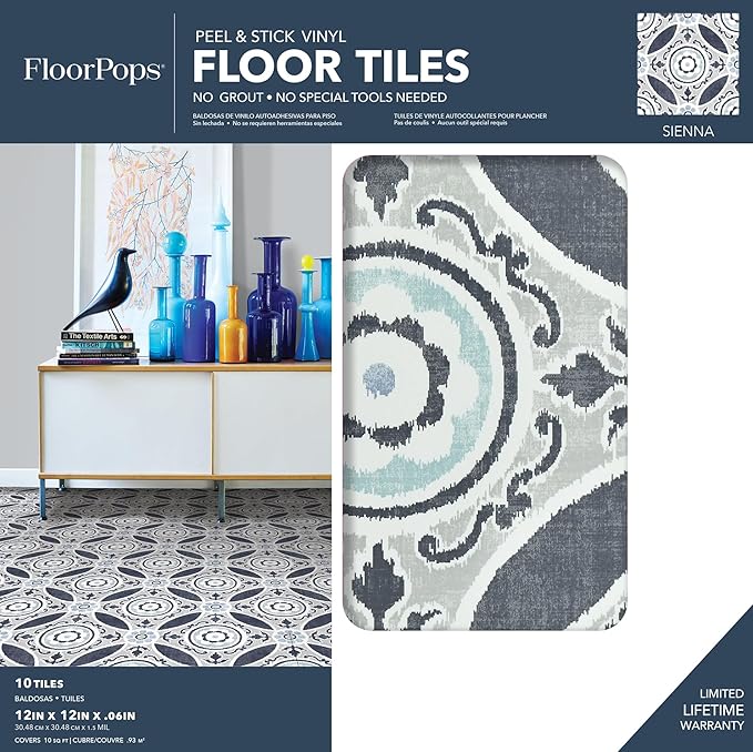 FloorPops FP2484 Sienna Peel & Stick Floor Tiles, Grey