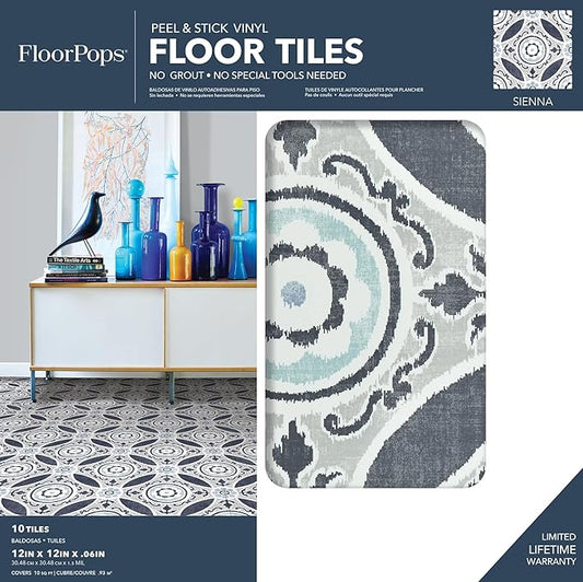 FloorPops FP2484 Sienna Peel & Stick Floor Tiles, Grey