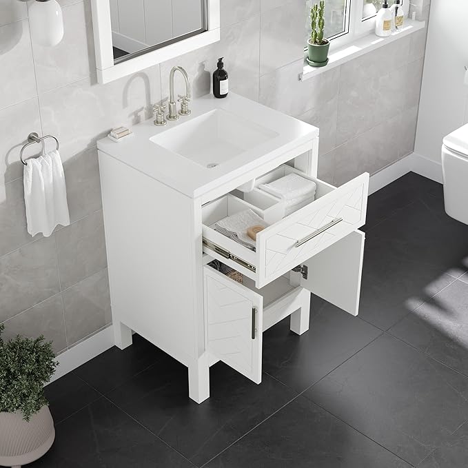 Eviva Cambridge 24 in. White Single Sink Bath Vanity with Quartz Top and Undermount Porcelain Sink