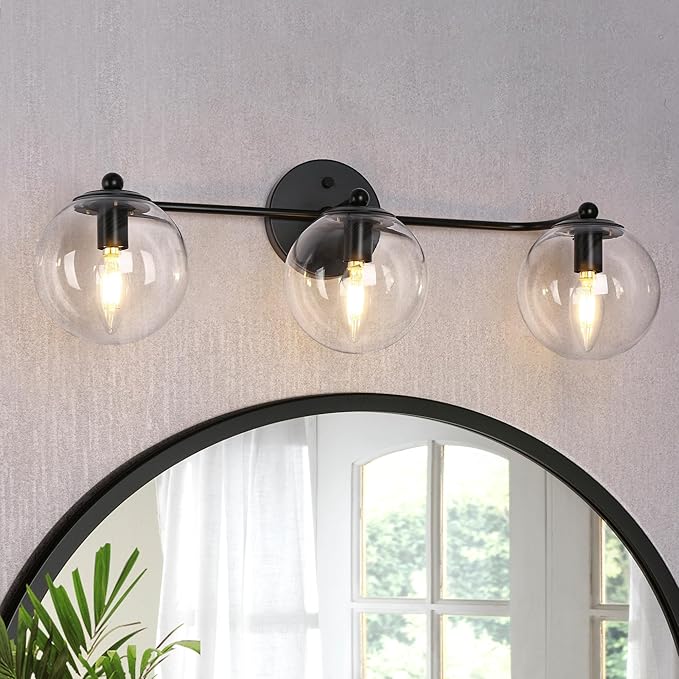 Bathroom Light Fixtures, 3-Light Black Vanity Light with Clear Glass Shade, Modern Farmhouse Wall Lamp Over Mirror