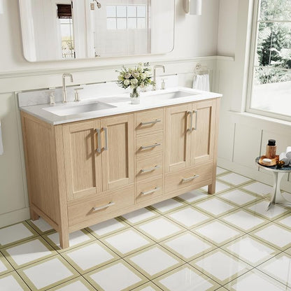 60-Inch Bathroom Vanity with Sink, 4 Soft-Close Doors and 6 Soft-Close Drawers, Bathroom Freestanding Vanity with Cultured Marble Countertop, Oak Vanity with Brushed Nickel Handles