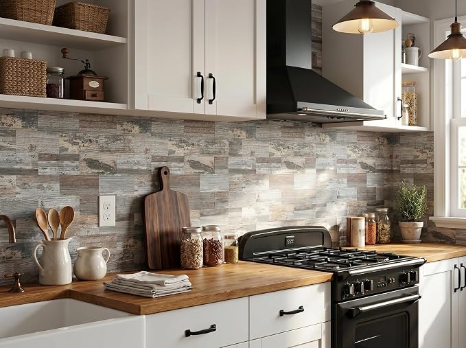 Yipscazo Peel and Stick backsplash 3 x 6 Inches 3D PVC Composite Wall Tile Stick on Backsplash Tile for Kitchen Bathroom, Laundry Room, Fireplace(Wood, 160 Pieces)