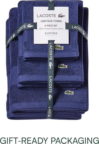 Lacoste Heritage Anti-Microbial Supima Cotton 6-Piece Towel Set, 2 Bath Towels, 2 Hand Towels, 2 Washcloths, Navy – Highly Absorbent & Quick Drying, Bathroom Essential, Machine Washable
