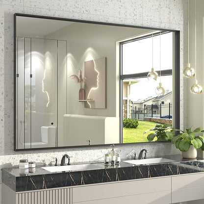 60x40 Inch Black Metal Framed Bathroom Mirror for Wall, Large Black Matte Rectangle Bathroom Vanity Mirror, Square Corner, Anti-Rust, Shatter-Proof, Hangs Horizontally or Vertically