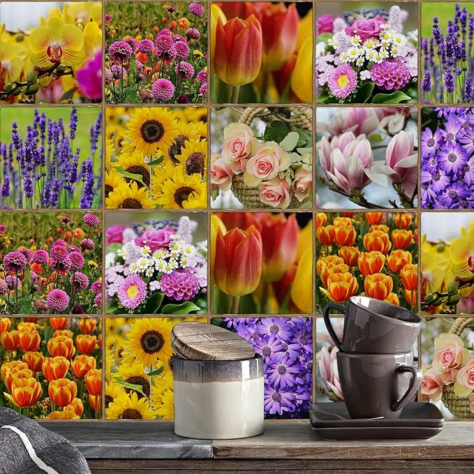 Alwayspon Vinyl Sticker Peel and Stick, Self-Adhesive Wall Tile Transfers Backsplash Sticker Decal for Kitchen Bathroom, 6x6inch/15x15cm 30Pcs, Flowers T039