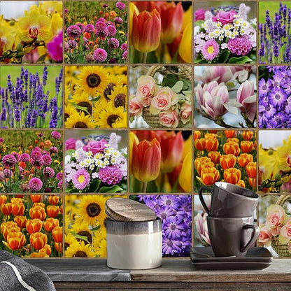 Alwayspon Vinyl Sticker Peel and Stick, Self-Adhesive Wall Tile Transfers Backsplash Sticker Decal for Kitchen Bathroom, 6x6inch/15x15cm 30Pcs, Flowers T039