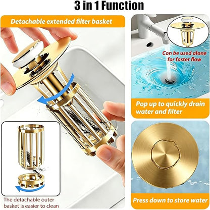 Anlige 3 in 1 Pop Up Bathroom Sink Stopper, Bathroom Sink Drain Strainer with Removable Basket Hair Catcher, Universal Sink Plug Cover for 1.06 in to 1.6 in Drain, Brushed Gold