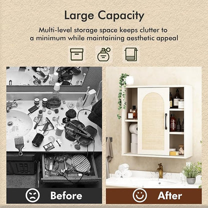RUSTOWN Boho Rattan Wall Cabinet, Midcentury Bathroom Cabinet with Sliding Door, Adjustable Shelves, Over The Toilet Storage Cabinet (Vintage White)