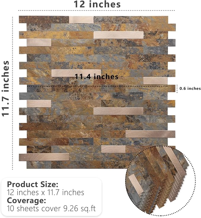STICKGOO Peel and Stick Backsplash, PVC Wall Tiles Stick on Backsplash for Kitchen(1 Sheet, Rust Brown with Metal Gold)