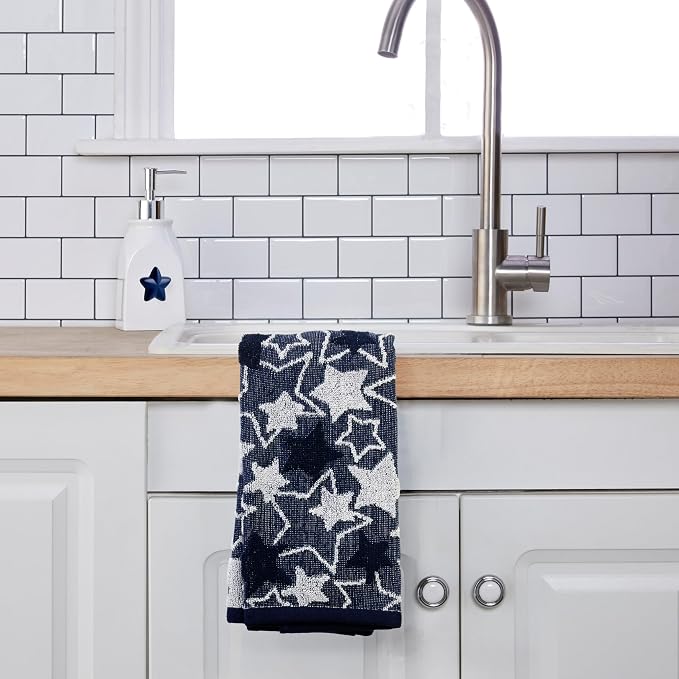 SKL Home Seasonal Stars Hand Towel Set-2pc, 100% Cotton Jacquard, Navy | Fun for Memorial Day, 4th of July, Labor Day & all patriotic holidays. For use in the bathroom, kitchen or bar.