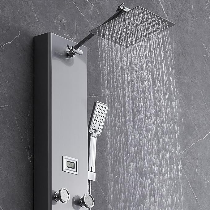 VEVOR Shower Panel Tower System, 5 Shower Modes, Digital Display Shower Panel, Rainfall, 8 Massage Jets, Tub Spout, 3-Setting Handheld Shower Head 59" Hose, Stainless Steel Wall-Mounted Shower Set