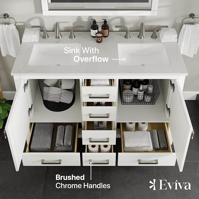 Aberdeen 48 in. White Double Sink Bath Vanity with Carrara Quartz Top and Undermount Porcelain Sinks