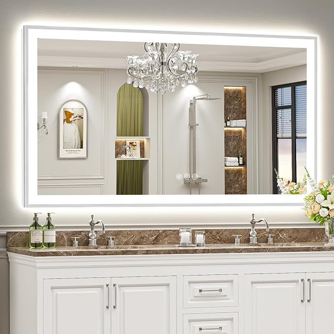 72x40 Inch Brushed Nickel LED Bathroom Mirror, Backlit & Front Lit | Silver Framed Anti-Fog Lighted Vanity Mirror with Lights, 3 Color Dimmable, Memory, HD Tempered Glass, CRI95, IP54, UL Listed