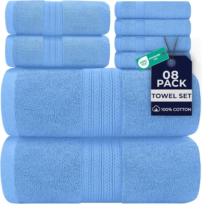 DAN RIVER 8 Piece Luxury Bath Towels for Bathroom, Towel Set, Medium Blue | 2 Bath towels, 2 Hand towels, and 4 Wash Cloths, 600 GSM 100% Ring Spun Cotton, Highly Absorbent, Gym, Hotel, guest, and Spa