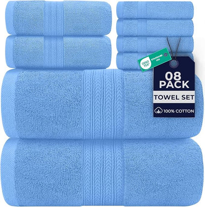 DAN RIVER 8 Piece Luxury Bath Towels for Bathroom, Towel Set, Medium Blue | 2 Bath towels, 2 Hand towels, and 4 Wash Cloths, 600 GSM 100% Ring Spun Cotton, Highly Absorbent, Gym, Hotel, guest, and Spa