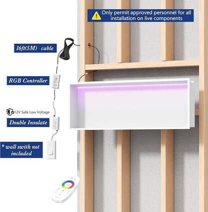 RGB LED Light Shower Niche, White 36X12 in Stainless Steel Built-in Storage with Remote Control, Waterproof No Tile Needed Wall Niche for Bathroom Storage Built-in Installation