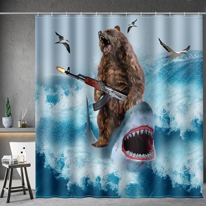 Funny Shark Bear Shower Curtain - Fun Bear Riding Shark in Ocean Wave Cool Shower Curtains Set with 12 Hooks for Adults Wild Bathroom Decor Accessories, 72"x72", Blue Brown