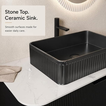 36 Inch Bathroom Vanity with Sink, Floating Wall Mounted Single Sink Vanity, Black Curved Fluted Front, Stone Top, Black Textured Rectangular Vessel Basin, Pre-Assembled