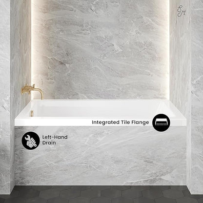 Bathroom with a white bathtub against a gray tiled wall, featuring text labels for 'Integrated Tile Flange' and 'Left-Hand Drain'.