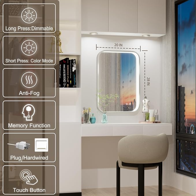 20"x28" Silver LED Bathroom Mirror with 3000K/4500K/6000K Lights | Stepless Dimmable,Anti-Fog,Memory Function,Aluminum Frame Wall Mount Lighted Bathroom Vanity Mirror,ETL Cert‌,IP54 Waterproof