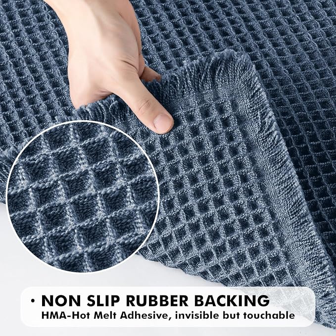 MIULEE Set of 2 Waffle Bathroom Rugs Boho Bath Mat Blue 17x24 Inch | Non Slip, Super Absorbent, Washable, Ultra Soft, Rubber Backed, Small Bath Rugs for Bathroom Floor Tub Shower
