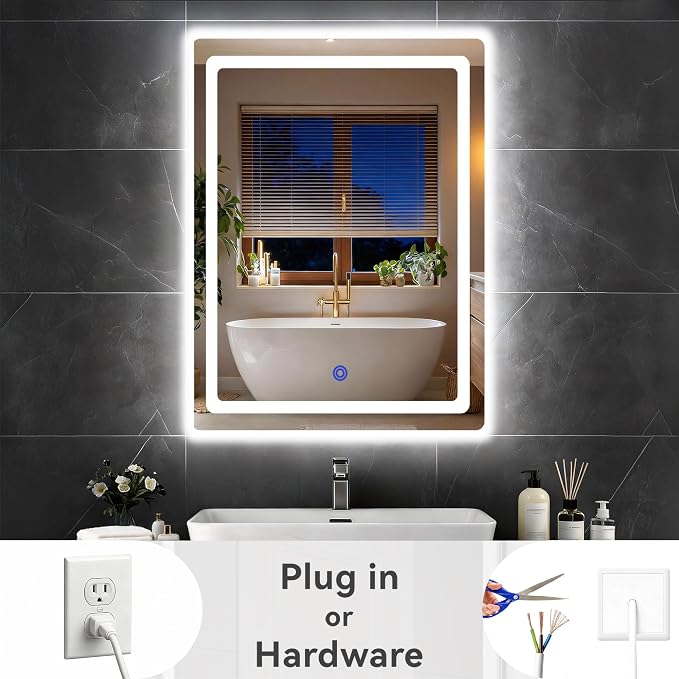 18“ x 24” LED Bathroom Smart Mirror, Rectangle Mirror with Three Color Light Temperature Brightness Settings,Backlit + Front Lit,Wall-Mounted Vanity Mirror with Memory Function