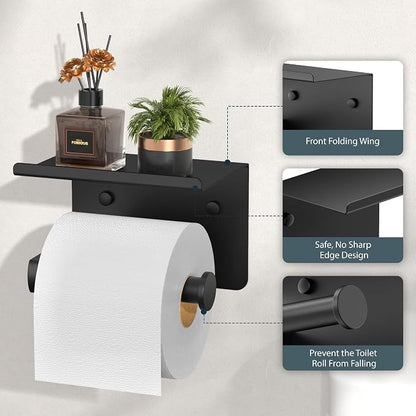 FORIOUS Bathroom Accessories, 5-Piece Bathroom Hardware Set - 24" Towel Bar | Matte Black | Towel Hooks, Towel Racks for Bathroom, Toilet Paper Holder With Shelf & Towel Ring | SUS304 Stainless Steel