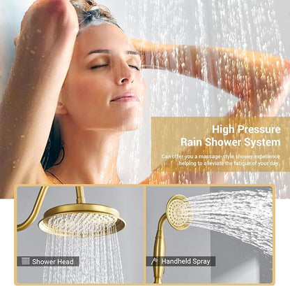 DASAN Rain Shower System Complete Antique Shower Faucet Sets, Shower Fixtures Combo with Pressure Balance Valve, Trim Kit, 9'' Rainfall Overhead Shower & Handheld, Color Brushed Gold AT209W-BTG