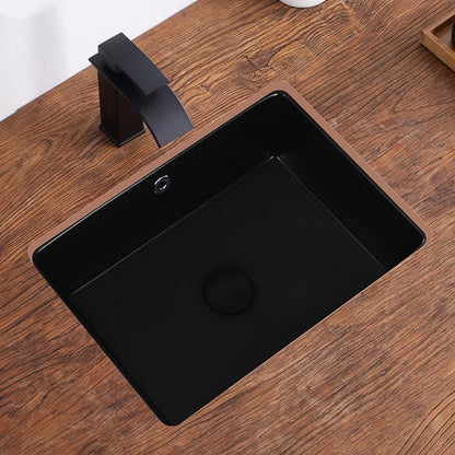 18 Inch Undermount Bathroom Sink Black Rectangular with Overflow | Porcelain Ceramic Matte Black Vanity Basin (18.5"x14.0")