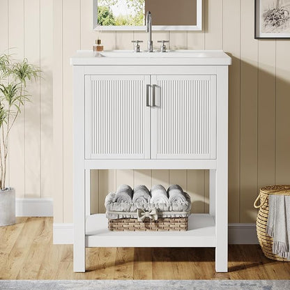 Tribesigns 24" Bathroom Vanity with Sink, Solid Wooden Frame Freestanding Vanity with Ceramic Porcelain Basin, 2-Door Storage Cabinet & Open Shelf for Small Bathroom, Industrial, White