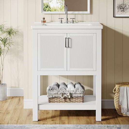 Tribesigns 24" Bathroom Vanity with Sink, Solid Wooden Frame Freestanding Vanity with Ceramic Porcelain Basin, 2-Door Storage Cabinet & Open Shelf for Small Bathroom, Industrial, White