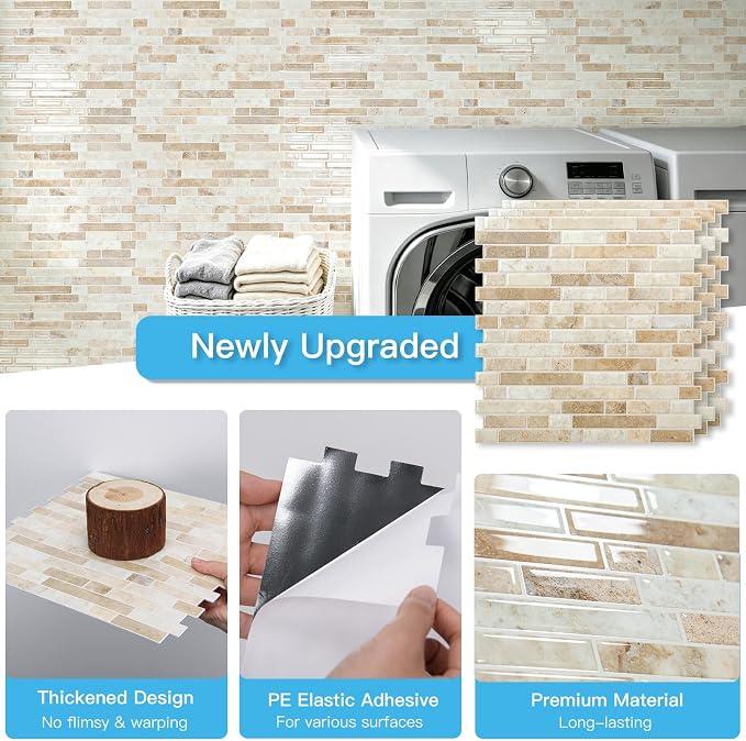 Art3d Linear Tile Peel and Stick Backsplash, 10-Pack, Eurasian Mocha Stone | 12 x 12 Inch, Enhanced Thickness, Warp Resistant, Strong Adhesion, Sturdy, for Kitchen, Bedroom, Ideal for Home Improvement