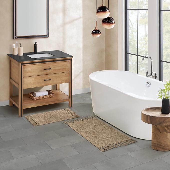 French Connection Nellore Bath Rugs, Set of 2 Woven and Beaded Bath Mats, Durable and Thick Bath Mats for Bathroom and Shower Rugs, 17" x 28" and 20" x 38", Taupe