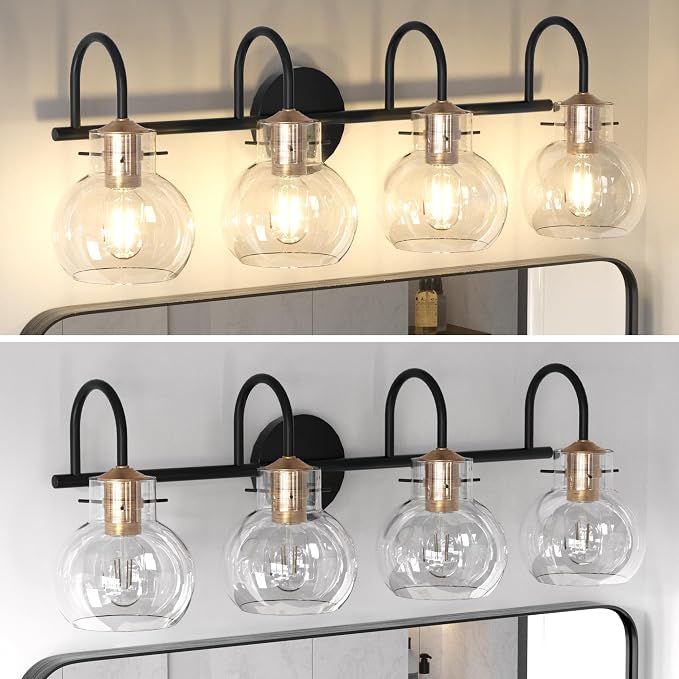4 Lights Bathroom Vanity Light Fixtures Over Mirror Modern | Wall Sconce,Black & Brushed Cooper,Globe Glass Shade,E26 Base,UL Certified,Anti-Rust,Damp Rated,Bathroom Bedroom Living Room