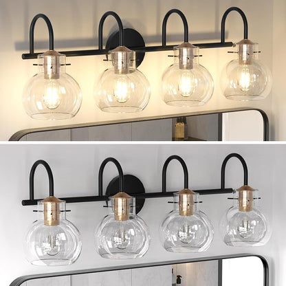 4 Lights Bathroom Vanity Light Fixtures Over Mirror Modern | Wall Sconce,Black & Brushed Cooper,Globe Glass Shade,E26 Base,UL Certified,Anti-Rust,Damp Rated,Bathroom Bedroom Living Room