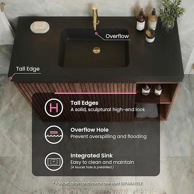 48" Bathroom Vanity with Sink Combo, Mid Century Modern Bathroom Cabinet with Doors & Open Shelf, Matte Black Integrated Sink with Overflow, Brown Walnut