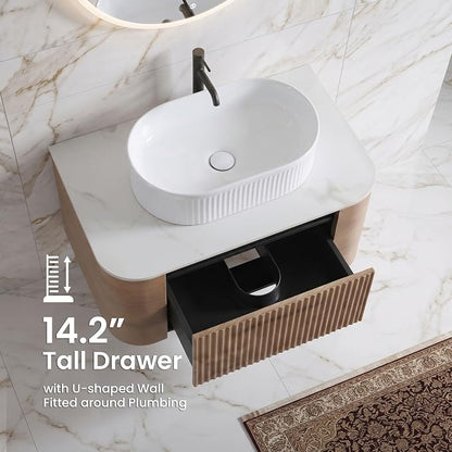 30" Preassembled Floating Bathroom Vanity with White Sink, Oak | Mid-Century Modern Style, Fluted & Soft-Close Drawer with U-shaped Wall, Sinterted Stone Countertop, Towel Rack Included