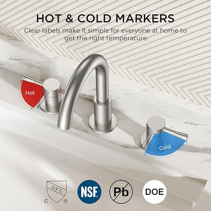 FORIOUS Bathroom Faucet 3 Hole, 360° Swivel 8" Sink Faucet Brushed Nickel | with Pop Up Drain, 2 Handles,for Sink Vanity RV Lavatory Farmhouse, 304 Stainless Steel, Lead-free, Leakproof