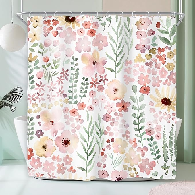 Cute Pink Green Floral Spring Boho Kids Girls Bathroom Shower Curtain Set | 72"W x 72"H Girly Watercolor; waterproof HD print, quick-dry fabric with 12 hooks for easy hanging.