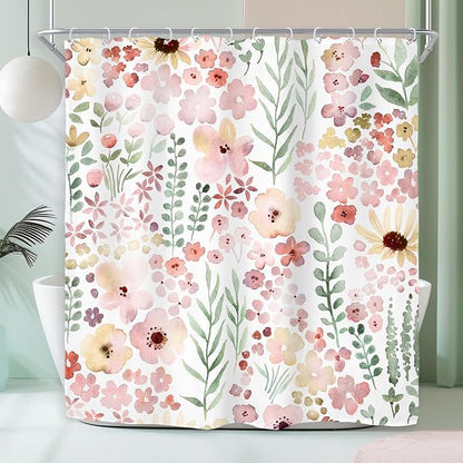 Cute Pink Green Floral Spring Boho Kids Girls Bathroom Shower Curtain Set | 72"W x 72"H Girly Watercolor; waterproof HD print, quick-dry fabric with 12 hooks for easy hanging.