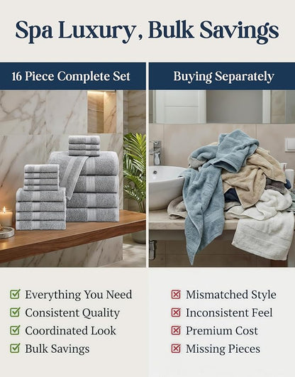 LANE LINEN Towel Set Soft Absorbent Quick Dry 100% Cotton 16 Piece - Grey | Cotton Bath Towels - Lightweight & Breathable, Fade-Resistant Color, Classic Terry Weave, Densely Woven & Durable