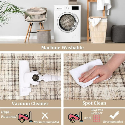 Tartan Plaid Washable Round Rugs, Non-Slip Soft Round Rug 4ft Ultra-Thin, Small Boho Circle Stain Resistant Low Pile Carpet for Entryway Kitchen Bedroom Nursery Bathroom, Beige