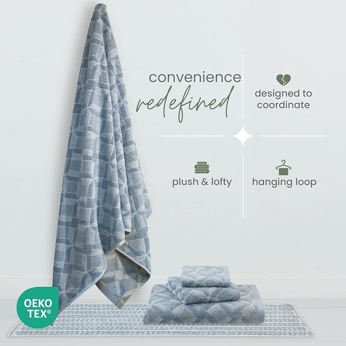 Martex Restore Geo Bath Towel – Soft, Absorbent, Moisture-Wicking and Quick to Dry – Lightweight for Everyday Use – Comfortable Feel with Convenient Loop for Hanging – 30" x 56" – Blue