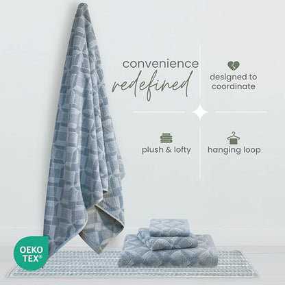 Martex Restore Geo Bath Towel – Soft, Absorbent, Moisture-Wicking and Quick to Dry – Lightweight for Everyday Use – Comfortable Feel with Convenient Loop for Hanging – 30" x 56" – Blue