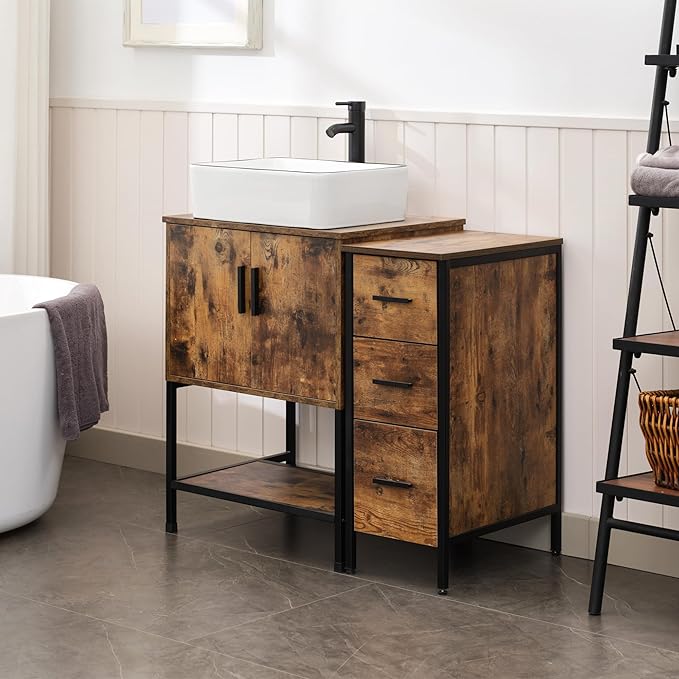UEV 36" Rustic Brown Bathroom Vanity with Sink Combo,Industrial Iron Frame Bathroom Cabinet Sets with 3 Drawers Side Cabinet,Modern Artistic Ceramic Vessel Sink(031WH)